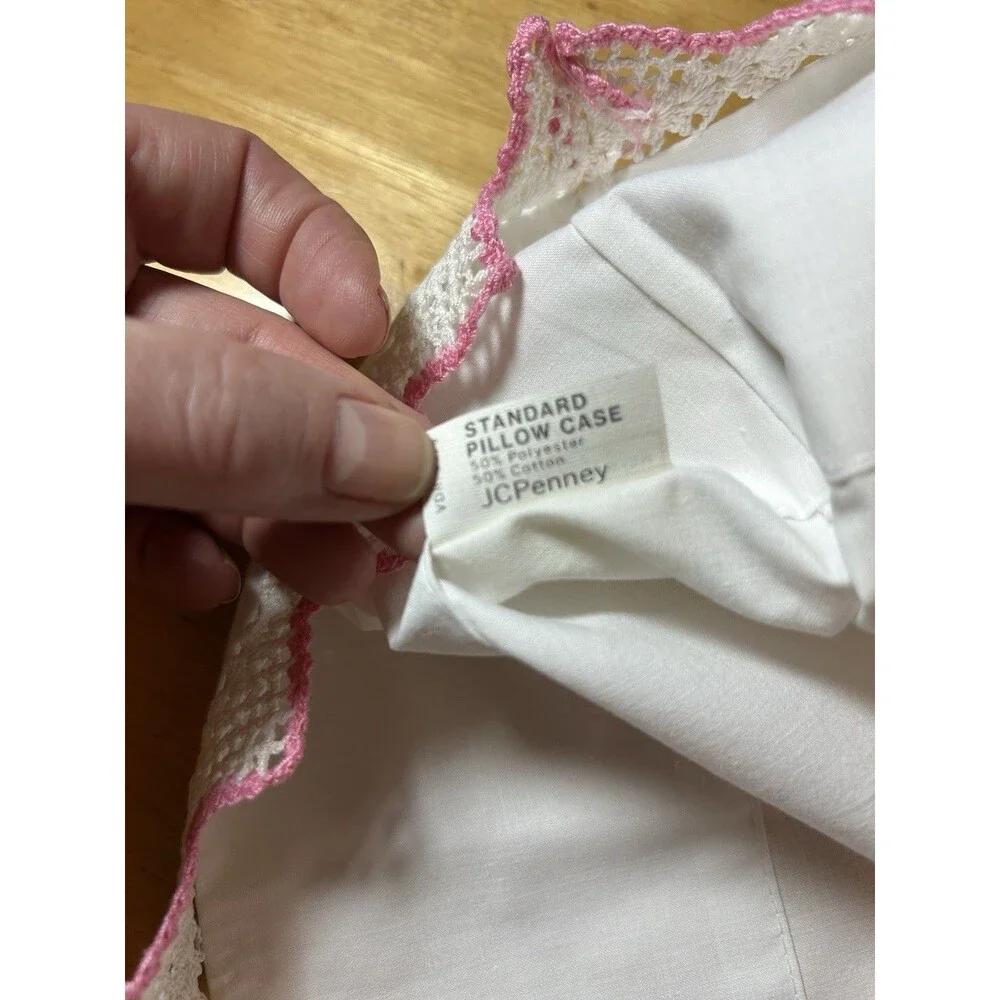 Vintage Pink Rose Embroidered Pillowcases Pair Crochet Lace Percale Cottage Set